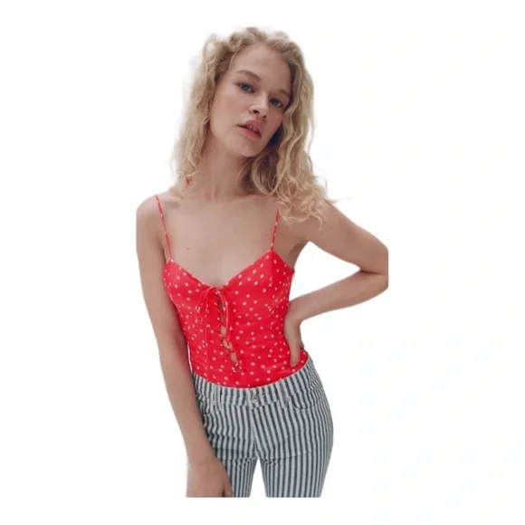 ZARA women bodysuit top Stretch red white Stars Print Size M. - Picture 5 of 15
